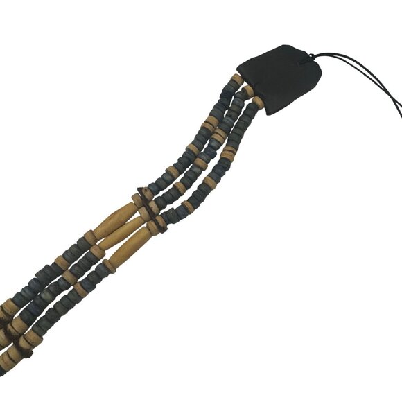 Wood Beaded Multistrand Choker Necklace Blue Yellow Tribal Bohemian Adjustable - Picture 5 of 5